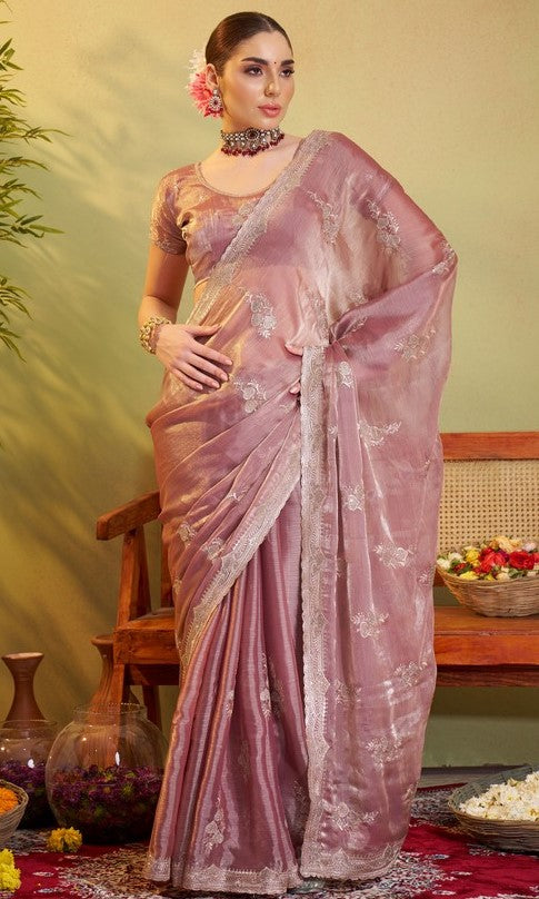 Elegant Pink Color Chiffon Fabric Partywear Saree