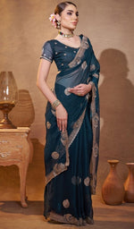 Elegant Teal Color Chiffon Fabric Partywear Saree