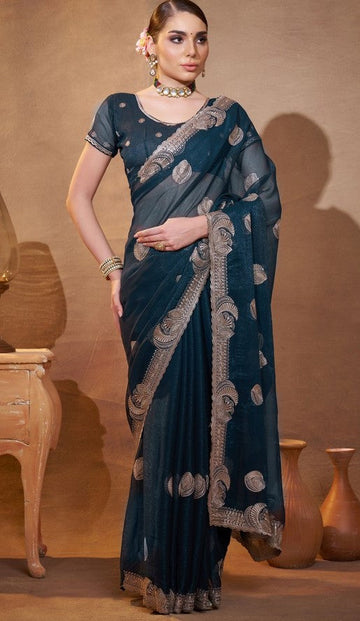 Elegant Teal Color Chiffon Fabric Partywear Saree