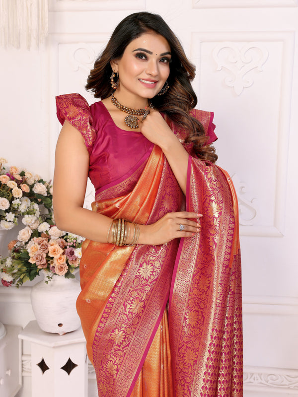 Striking Orange Color Banarasi Fabric Partywear Saree