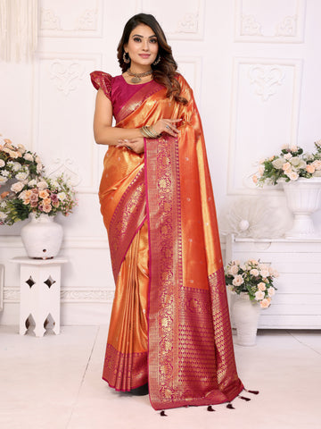 Striking Orange Color Banarasi Fabric Partywear Saree