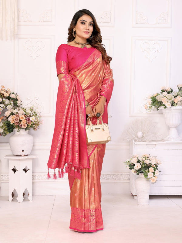 Striking Peach Color Banarasi Fabric Partywear Saree