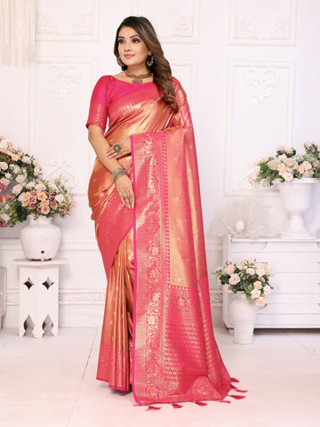 Striking Peach Color Banarasi Fabric Partywear Saree