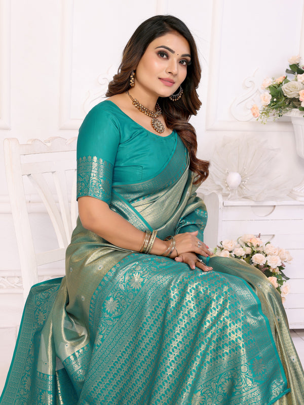 Striking Turquoise Color Banarasi Fabric Partywear Saree