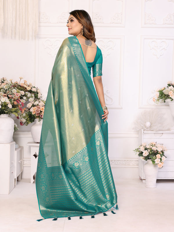 Striking Turquoise Color Banarasi Fabric Partywear Saree