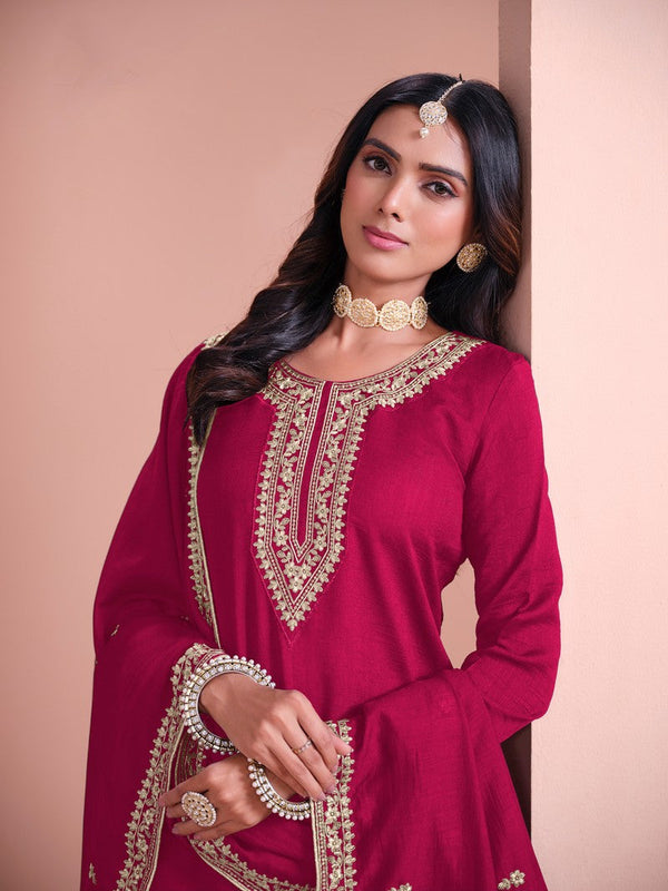 Tasteful Pink Color Art Silk Fabric Partywear Suit