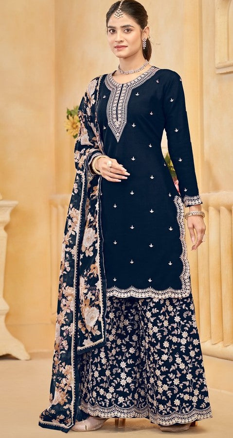 Gorgeous Navy Blue Color Silk Fabric Plazzo Suit