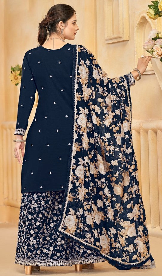 Gorgeous Navy Blue Color Silk Fabric Plazzo Suit