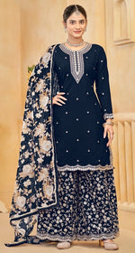 Gorgeous Navy Blue Color Silk Fabric Plazzo Suit