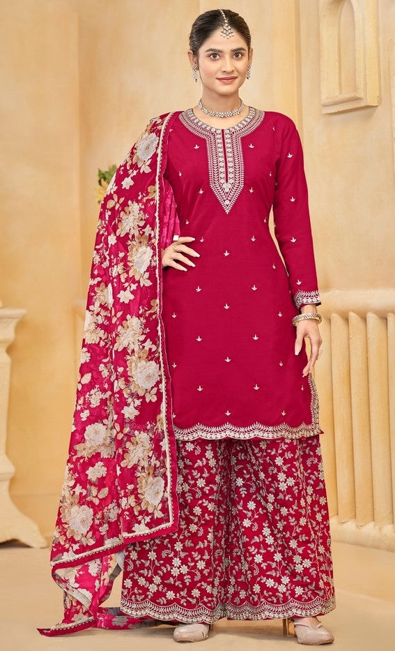 Gorgeous Pink Color Silk Fabric Plazzo Suit