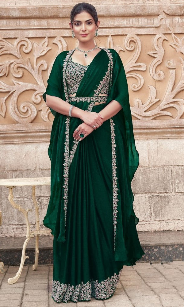 Pretty Green Color Shimmer Fabric Readymade Saree