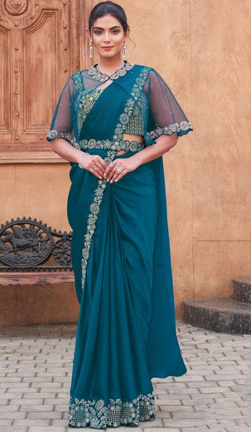 Pretty Teal Blue Color Satin Fabric Readymade Saree