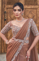 Pretty Brown Color Satin Fabric Readymade Saree