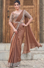Pretty Brown Color Satin Fabric Readymade Saree