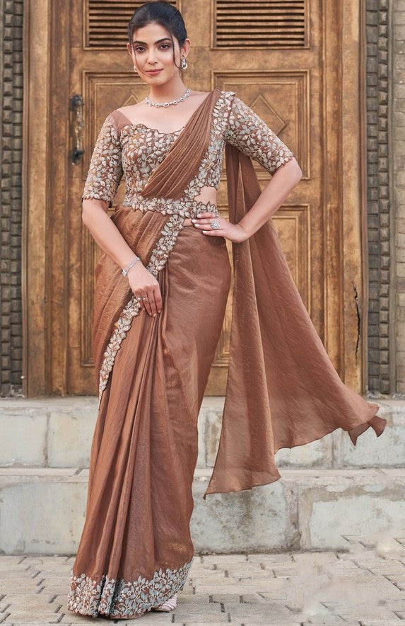Pretty Brown Color Satin Fabric Readymade Saree