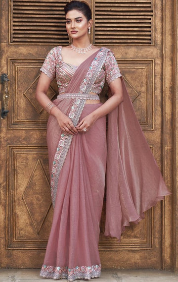 Pretty Peach Color Satin Fabric Readymade Saree