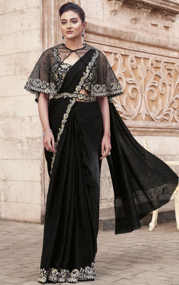 Pretty Black Color Satin Fabric Readymade Saree