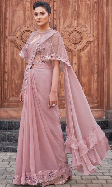 Pretty Pink Color Satin Fabric Readymade Saree