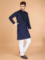 Dazzling Navy Blue Color Viscose Fabric Mens Kurta With Dupatta