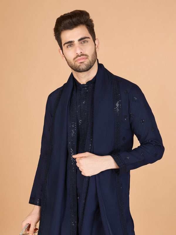 Dazzling Navy Blue Color Viscose Fabric Mens Kurta With Dupatta