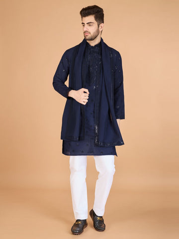 Dazzling Navy Blue Color Viscose Fabric Mens Kurta With Dupatta