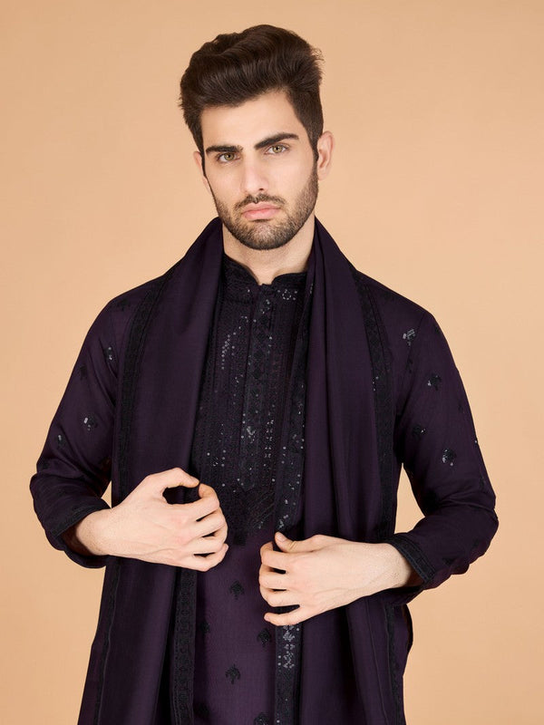 Dazzling Voilet Color Viscose Fabric Mens Kurta With Dupatta