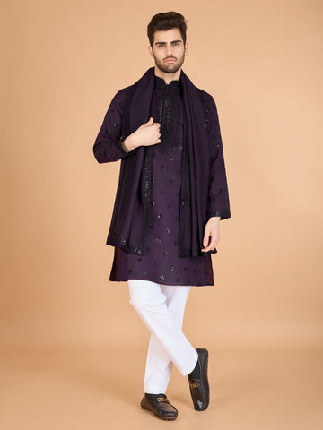 Dazzling Voilet Color Viscose Fabric Mens Kurta With Dupatta