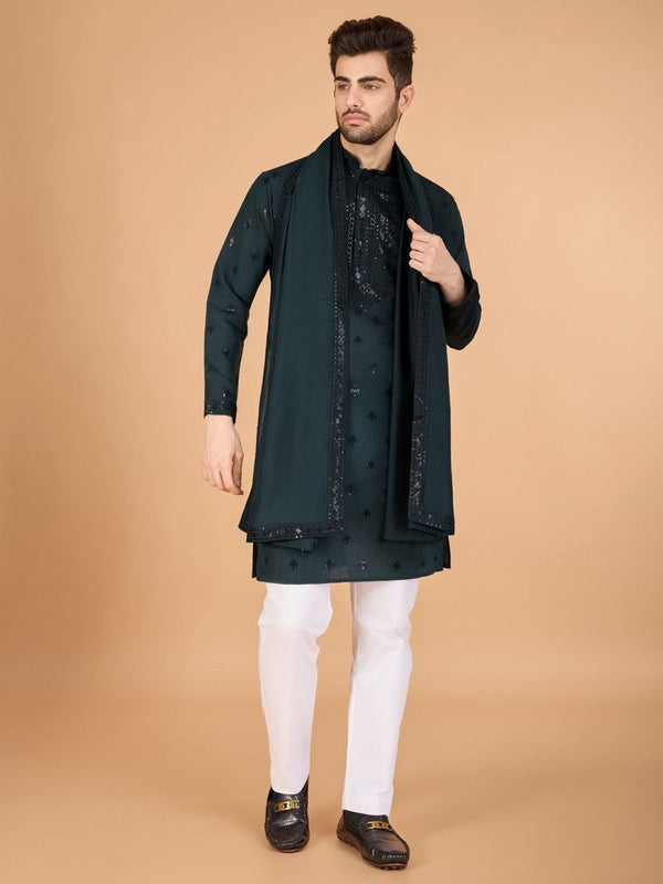 Dazzling Green Color Viscose Fabric Mens Kurta With Dupatta