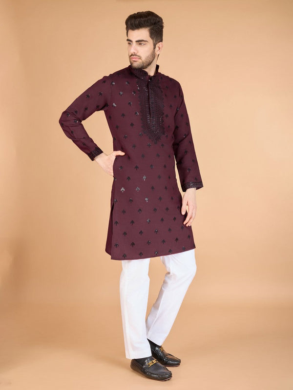 Dazzling Maroon Color Viscose Fabric Mens Kurta With Dupatta