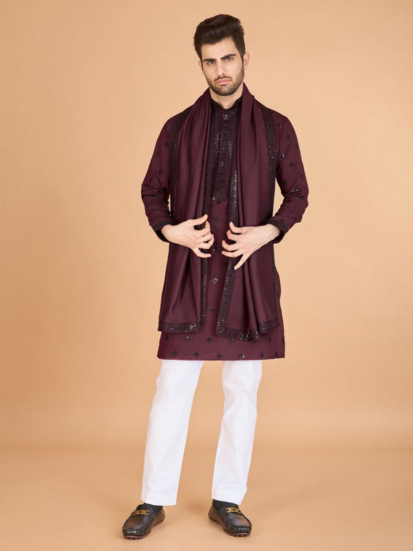 Dazzling Maroon Color Viscose Fabric Mens Kurta With Dupatta