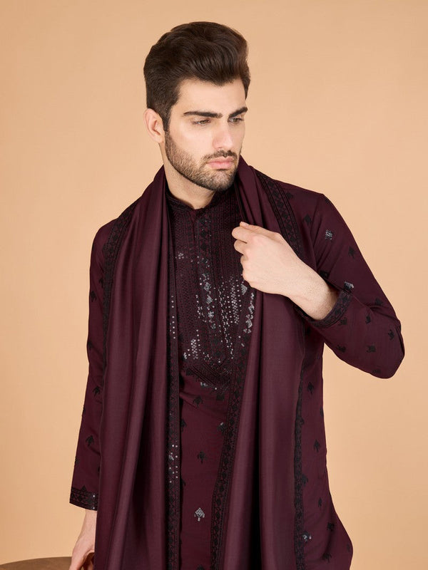 Dazzling Maroon Color Viscose Fabric Mens Kurta With Dupatta