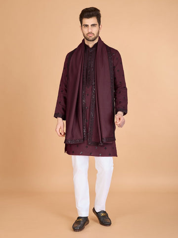 Dazzling Maroon Color Viscose Fabric Mens Kurta With Dupatta