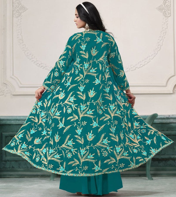 Amazing Teal Color Georgette Fabric Partywear Suit