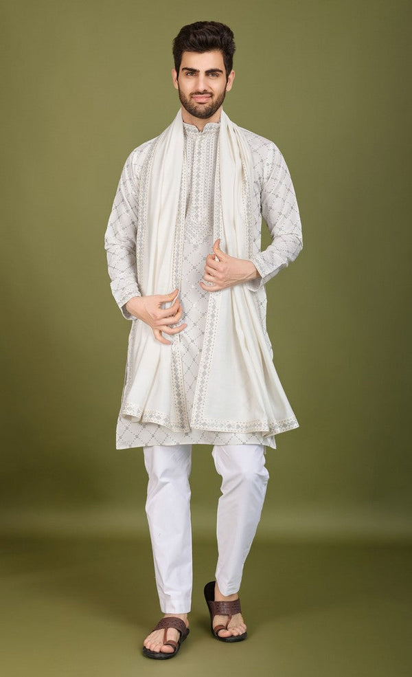 Dazzling White Color Viscose Fabric Mens Kurta With Dupatta