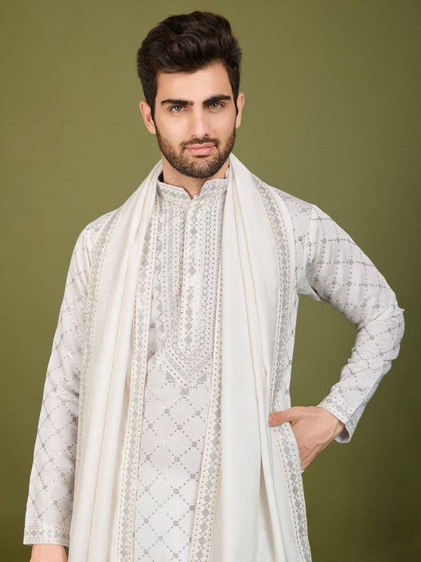 Dazzling White Color Viscose Fabric Mens Kurta With Dupatta