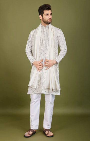 Dazzling White Color Viscose Fabric Mens Kurta With Dupatta
