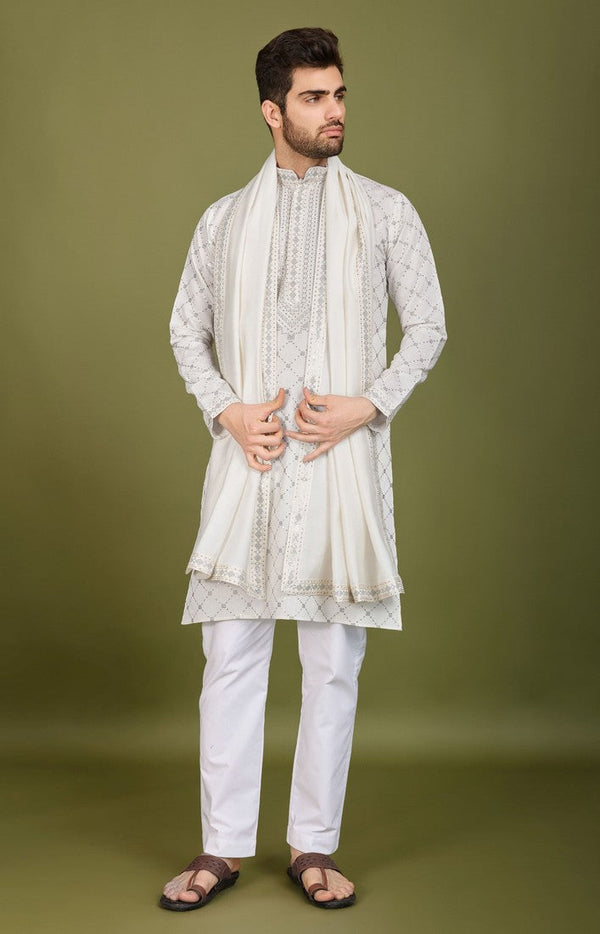 Dazzling White Color Viscose Fabric Mens Kurta With Dupatta