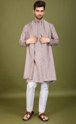 Dazzling Grey Color Viscose Fabric Mens Kurta With Dupatta