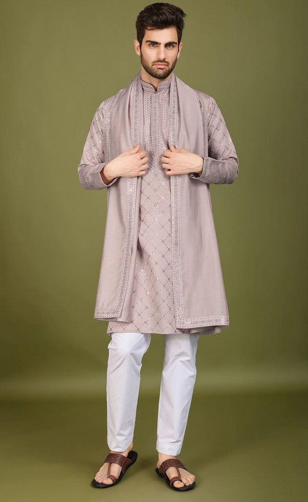 Dazzling Grey Color Viscose Fabric Mens Kurta With Dupatta