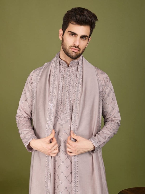 Dazzling Grey Color Viscose Fabric Mens Kurta With Dupatta