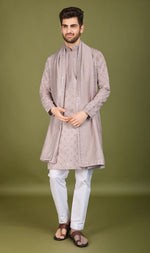 Dazzling Grey Color Viscose Fabric Mens Kurta With Dupatta