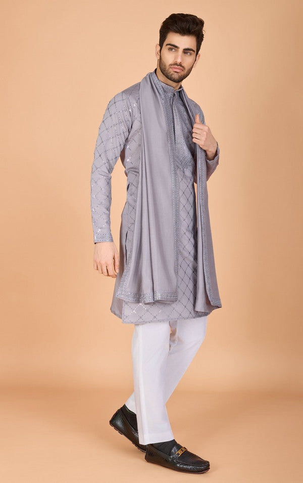 Dazzling Grey Color Viscose Fabric Mens Kurta With Dupatta
