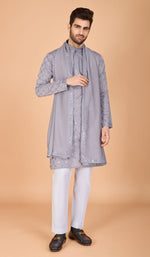 Dazzling Grey Color Viscose Fabric Mens Kurta With Dupatta