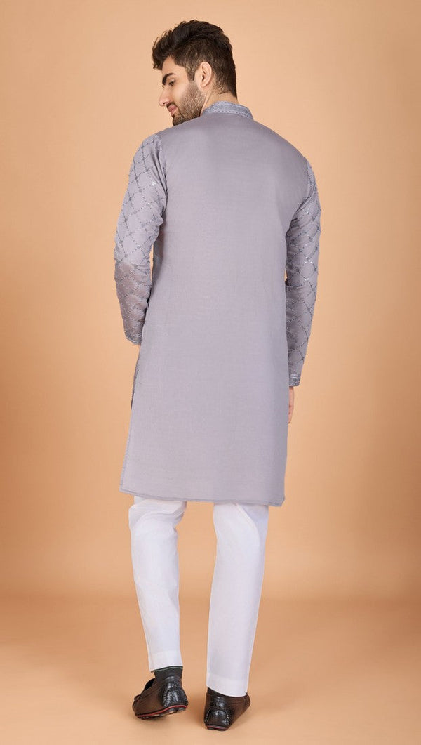 Dazzling Grey Color Viscose Fabric Mens Kurta With Dupatta