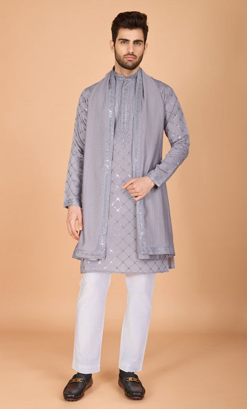 Dazzling Grey Color Viscose Fabric Mens Kurta With Dupatta