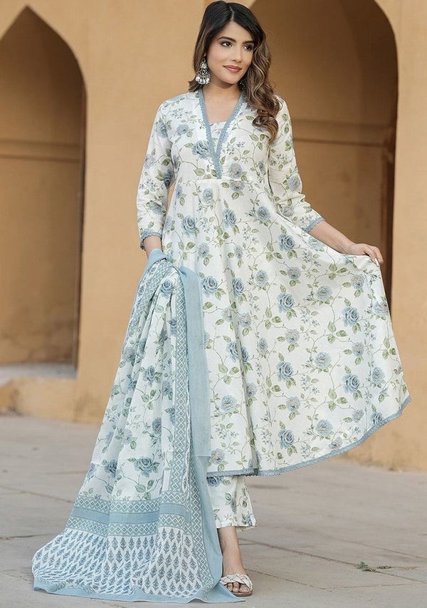 Gorgeous Aqua Color Cotton Fabric Designer Suit