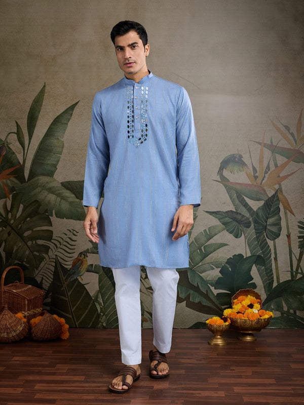 Dazzling Blue Color Viscose Fabric Mens Kurta