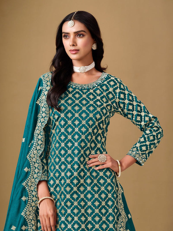 Dazzling Teal Color Art Silk Fabric Partywear Suit