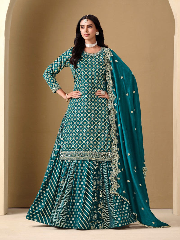 Dazzling Teal Color Art Silk Fabric Partywear Suit