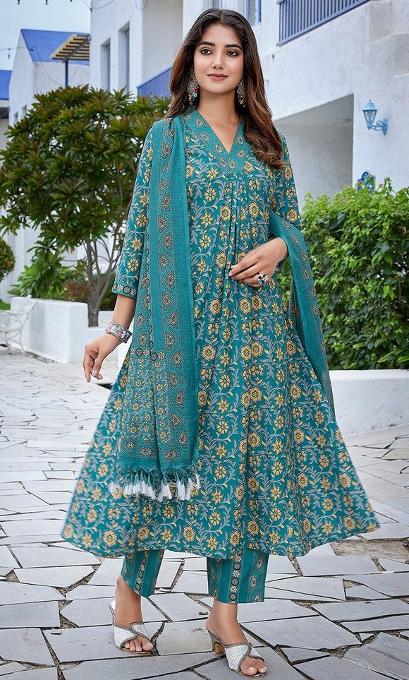 Gorgeous Teal Color Viscose Fabric Designer Suit